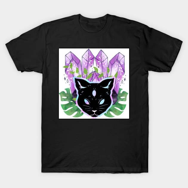 Magic Crystal Cat with Plants T-Shirt by moonphiredesign